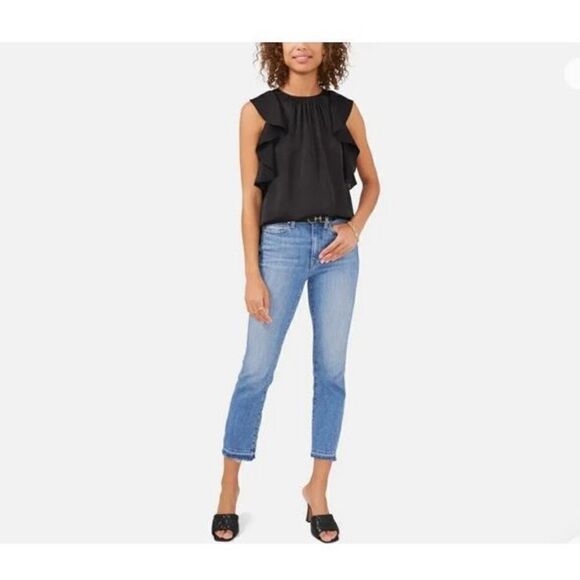 VINCE CAMUTO - L Sz M “Fresh Look” Ruffle Edge Rumple Blouse in Rich Black. NWT! - Picture 1 of 10